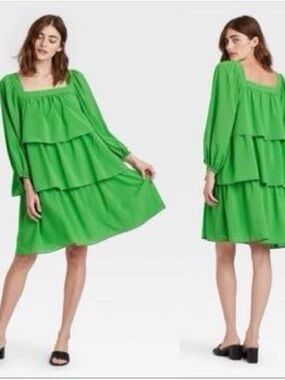 Who What Wear Layered Square-Neck Dress in Green